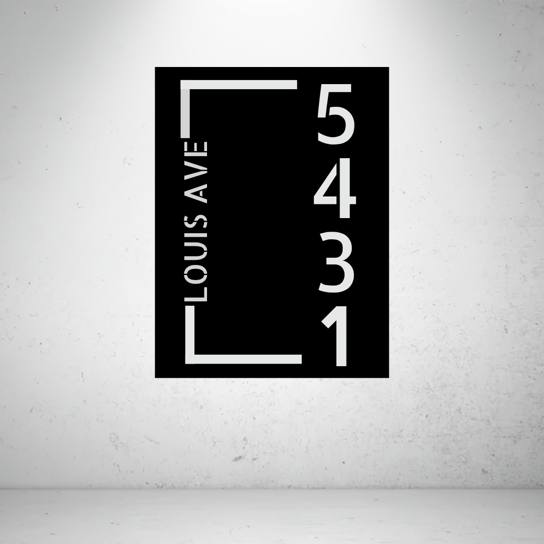 Metal house number vertical sign with corner layout on a grey background
