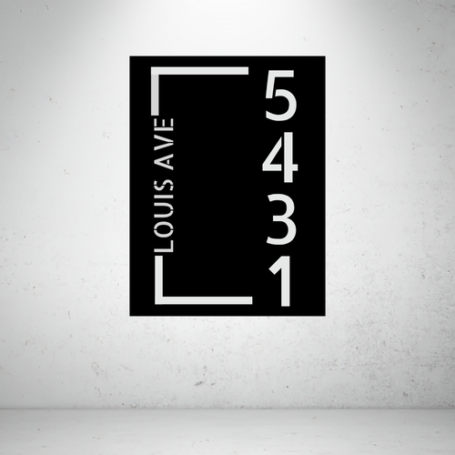 Metal house number vertical sign with corner layout on a grey background