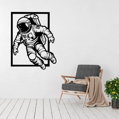 Cosmic Explorer astronaut metal wall art displayed above a contemporary chair in a stylish modern interior