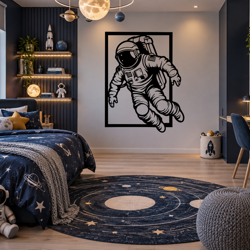 Cosmic Explorer astronaut metal wall art displayed in a modern room with contemporary space-inspired interior décor