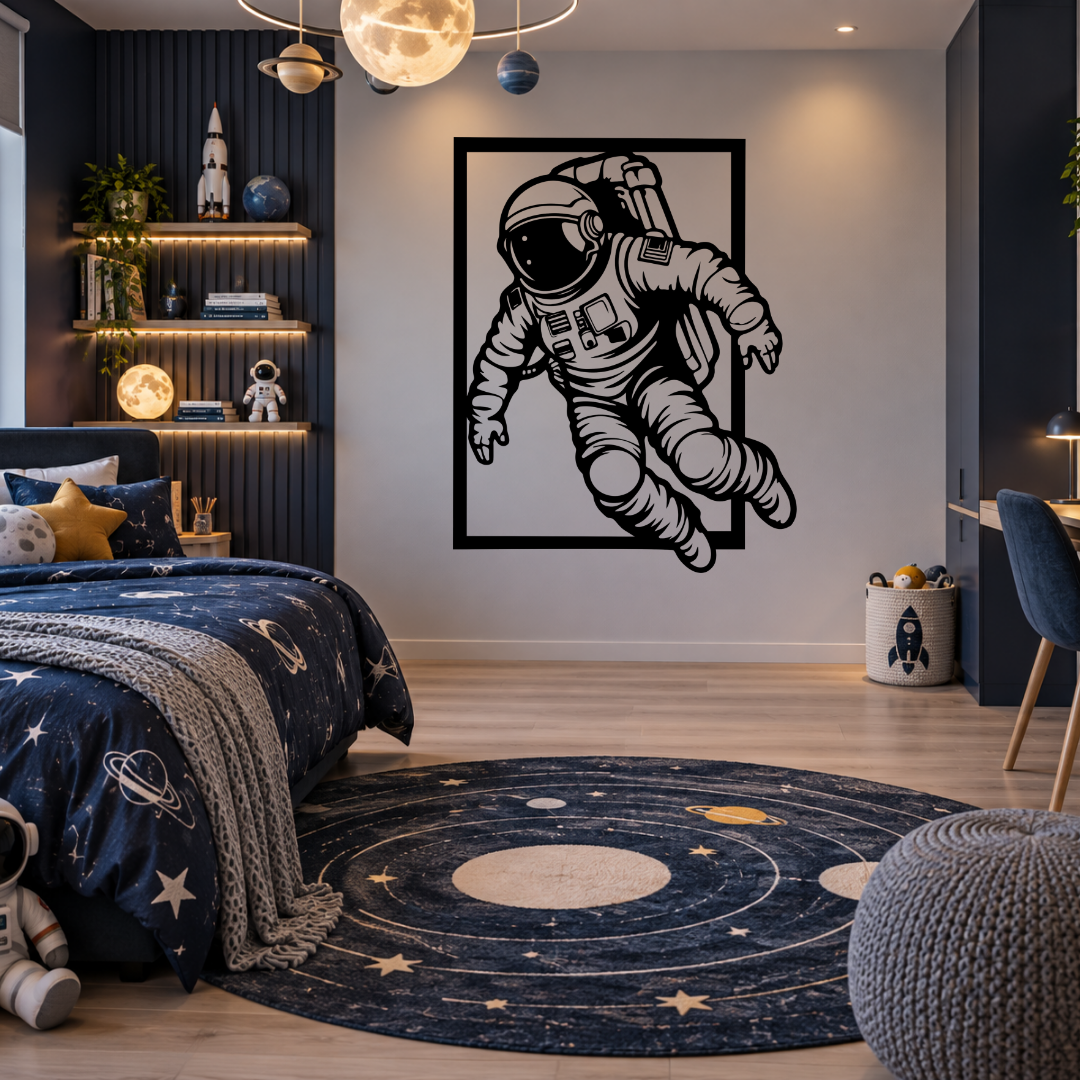 Cosmic Explorer astronaut metal wall art displayed in a modern room with contemporary space-inspired interior décor