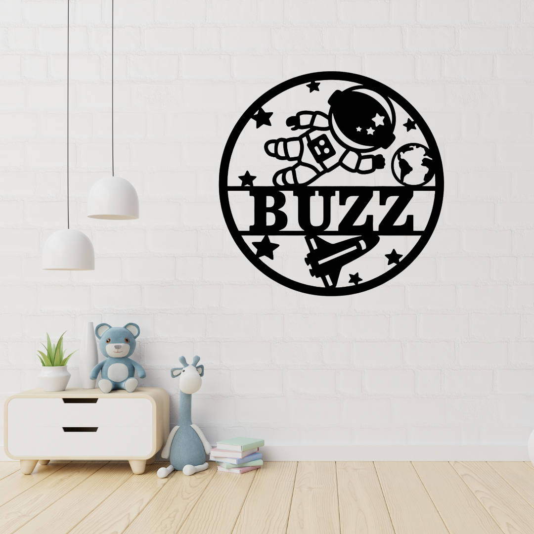 Space astronaut metal wall art displayed in a galaxy-themed kids bedroom