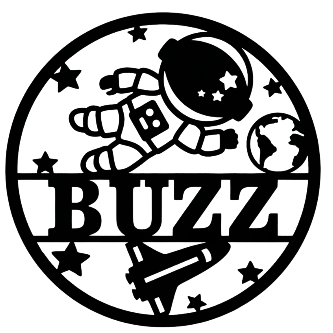 Cosmic Explorer astronaut metal sign on plain white background