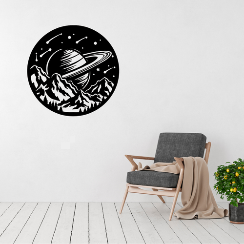 Cosmic Horizons | Saturn Mountain Metal Wall Art displayed in a modern living room, featuring a striking circular black metal design of Saturn rising above rugged mountain peaks beneath a star-filled sky, creating a bold celestial focal point for contemporary homes, offices and bedrooms.