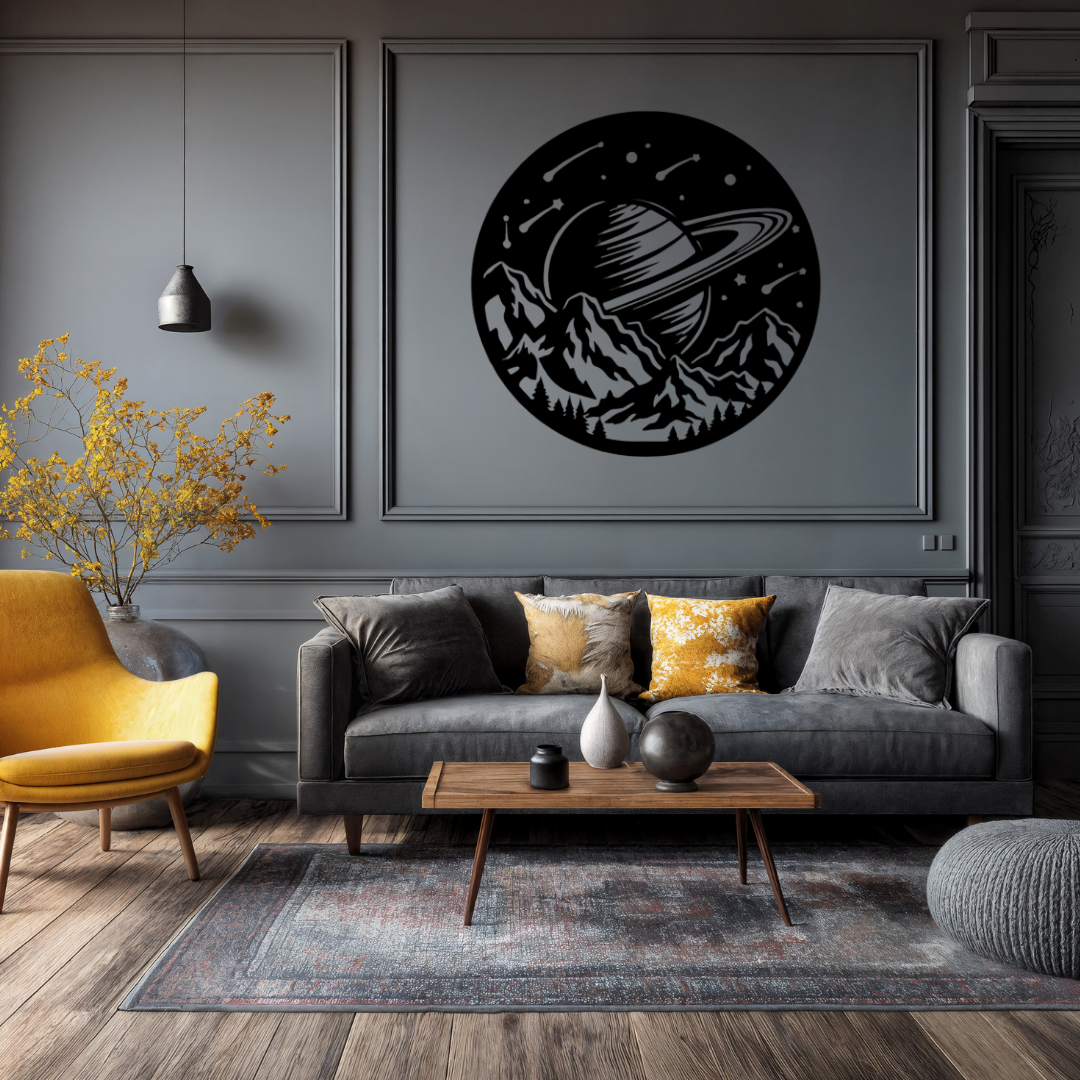 Cosmic Horizons | Saturn Mountain Metal Wall Art showcased in a sophisticated modern lounge, highlighting a dramatic circular metal artwork of Saturn above mountain landscapes and stars, ideal for living rooms, gaming rooms, offices, bedrooms and contemporary décor.