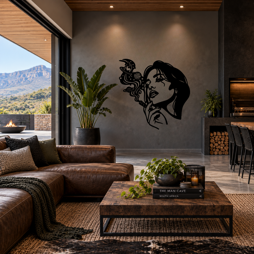 Cosmic Muse woman and celestial metal wall art displayed in a modern interior