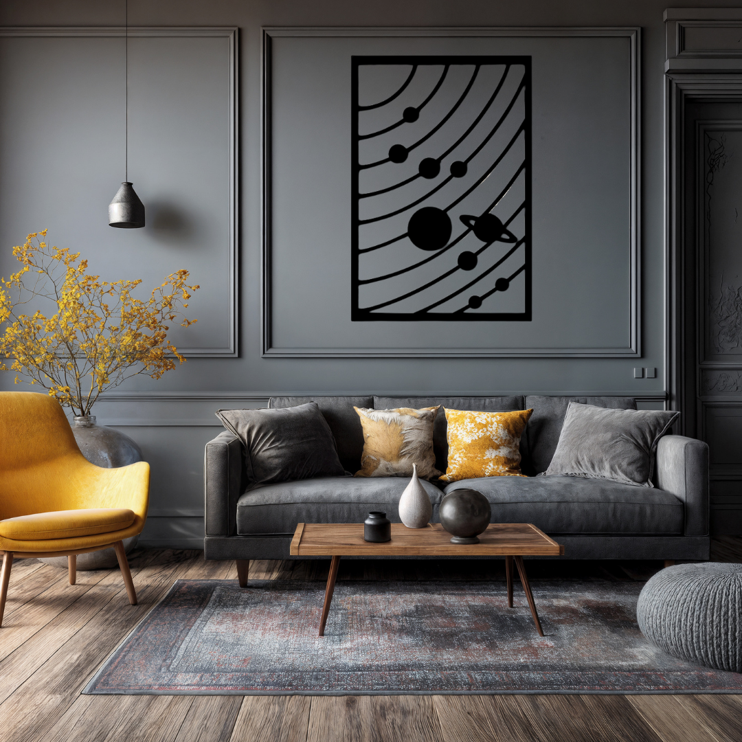 Cosmic Orbit Solar System Metal Wall Art showcased above a modern sofa in a sophisticated contemporary living room.