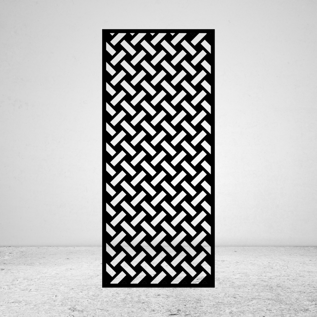Cross Stitch geometric metal privacy screen with repeating interwoven pattern inspired by cross-stitch detailing