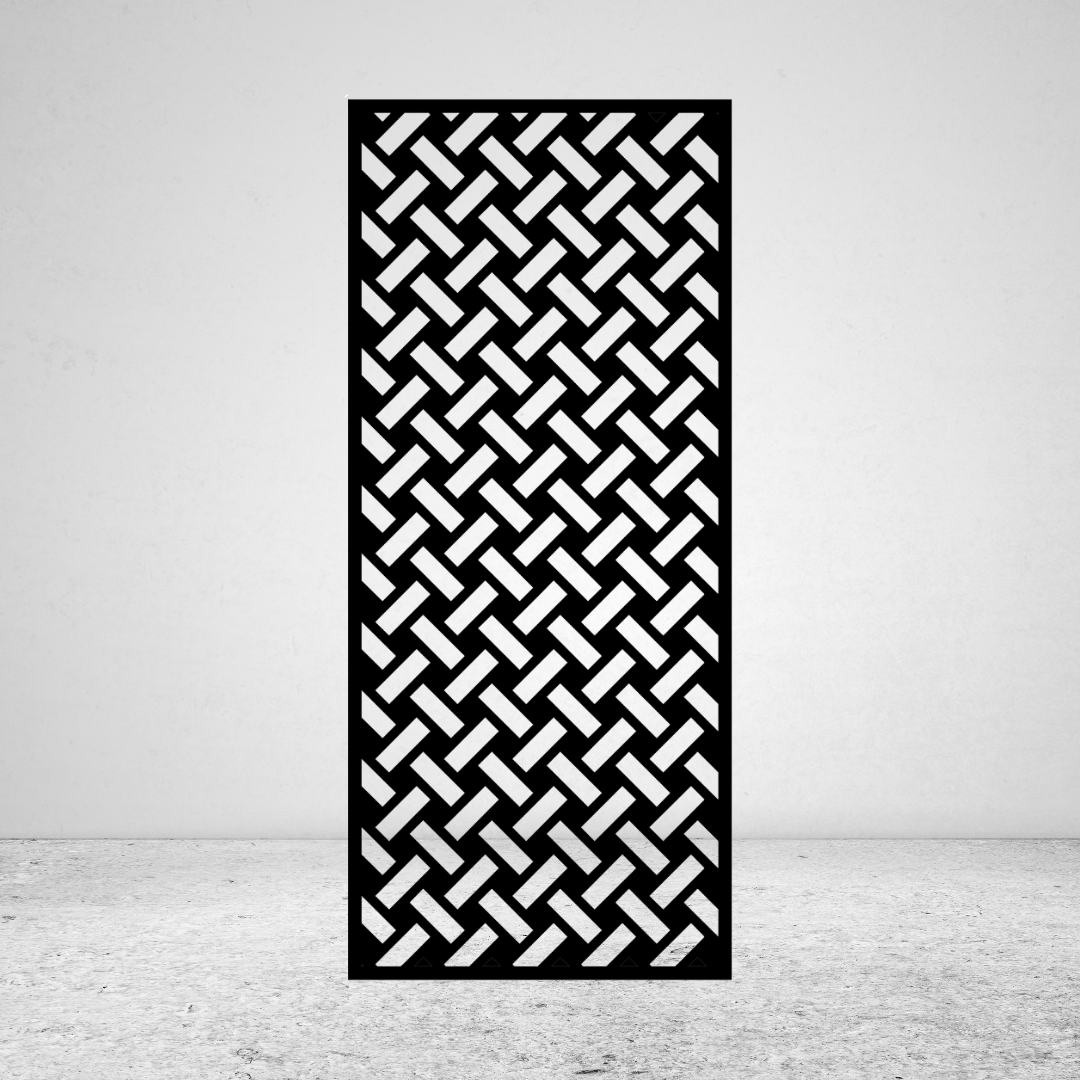 Cross Stitch geometric metal privacy screen with repeating interwoven pattern inspired by cross-stitch detailing