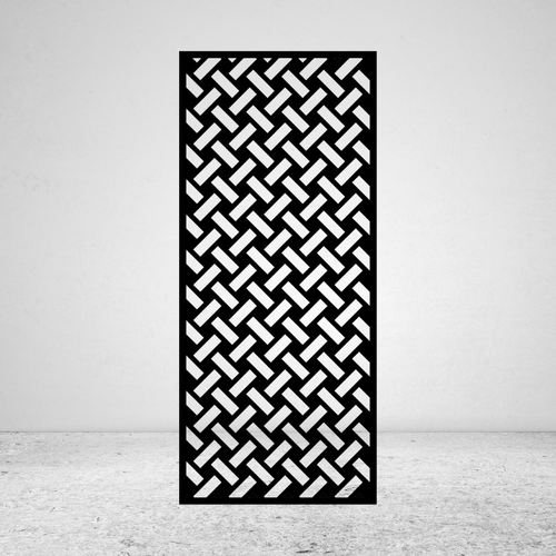 Cross Stitch geometric metal privacy screen with repeating interwoven pattern inspired by cross-stitch detailing