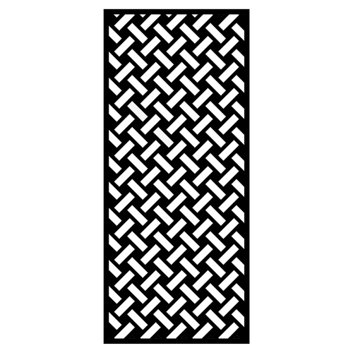 Cross Stitch decorative metal privacy panel isolated on a white background showing its intricate stitched-inspired design