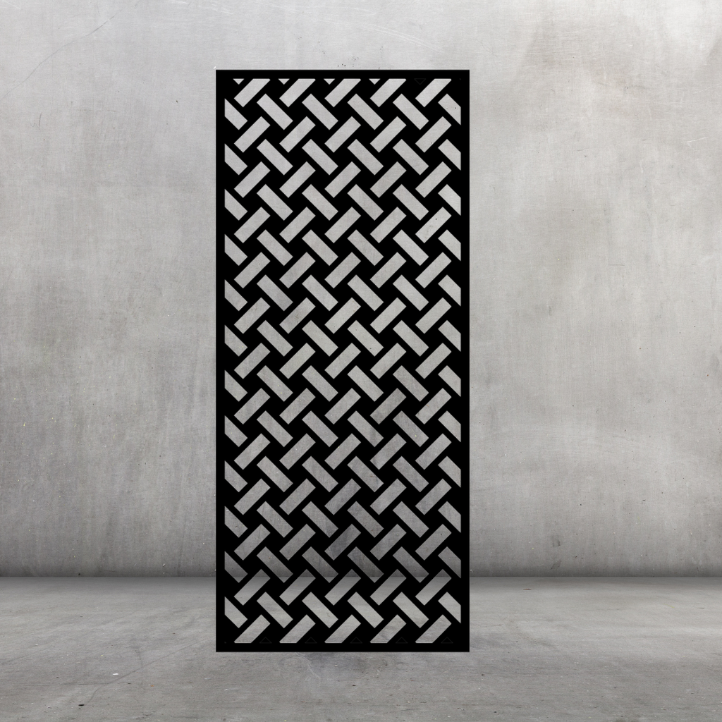 Cross Stitch contemporary metal privacy screen displayed against a dark grey wall with repeating interwoven geometric pattern