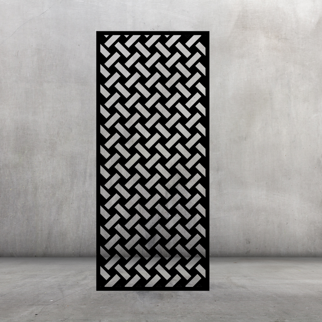Cross Stitch contemporary metal privacy screen displayed against a dark grey wall with repeating interwoven geometric pattern