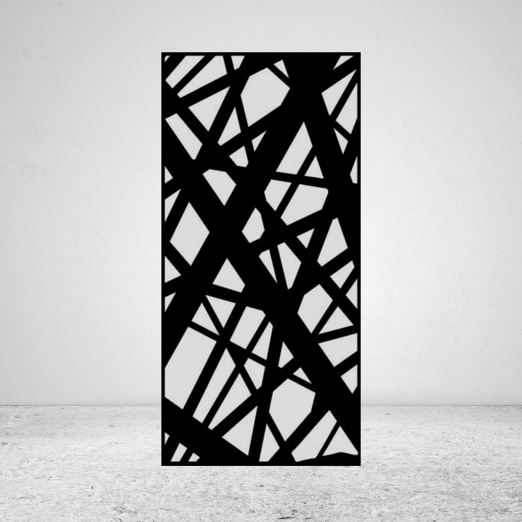 Crossroads abstract line metal privacy screen against a light grey wall with intersecting angular pattern