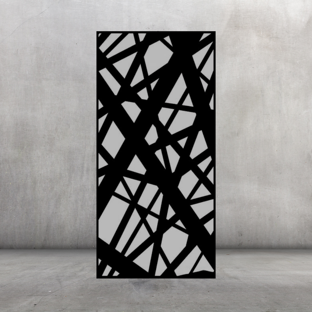 Crossroads decorative metal privacy screen displayed against a dark grey wall with industrial abstract design