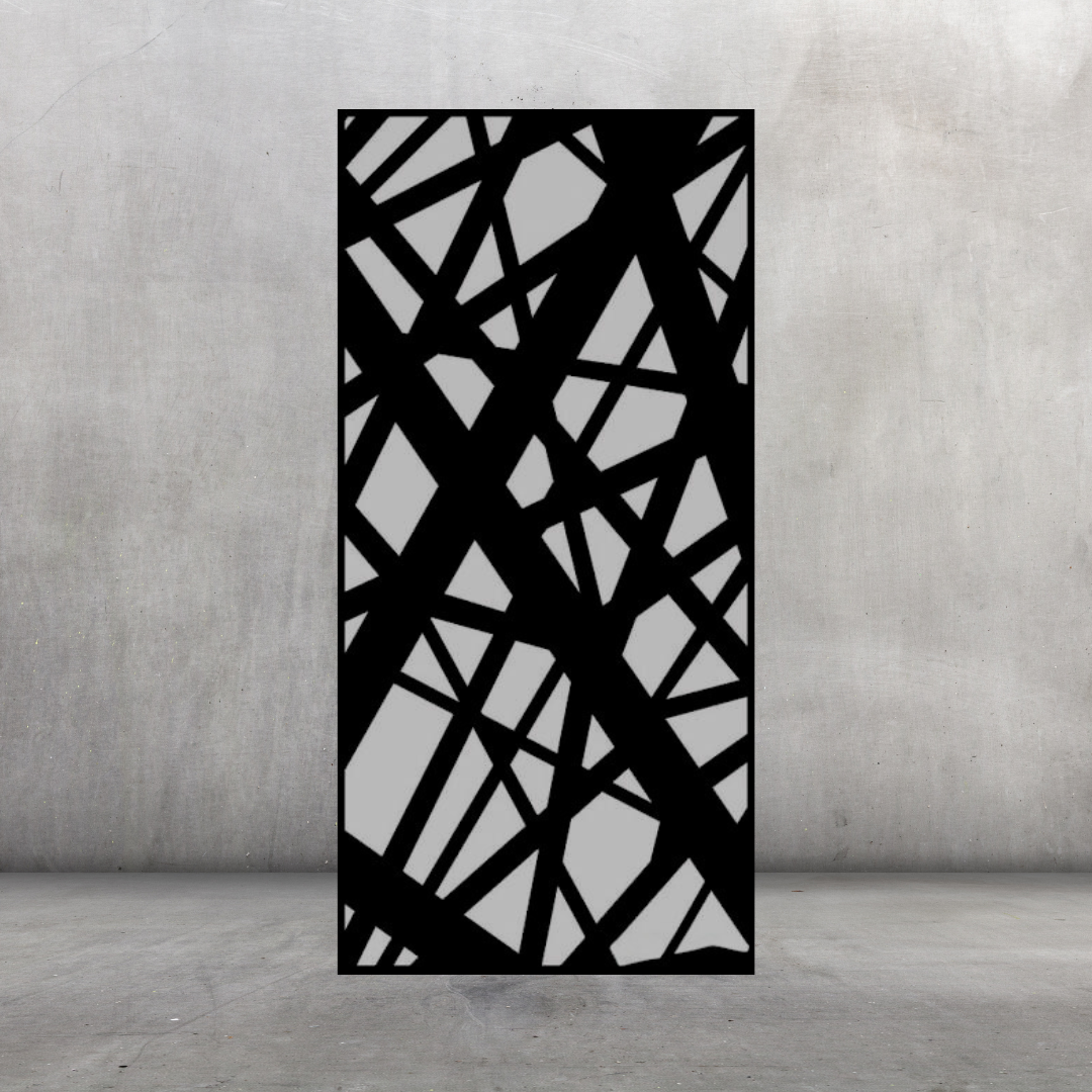 Crossroads decorative metal privacy screen displayed against a dark grey wall with industrial abstract design