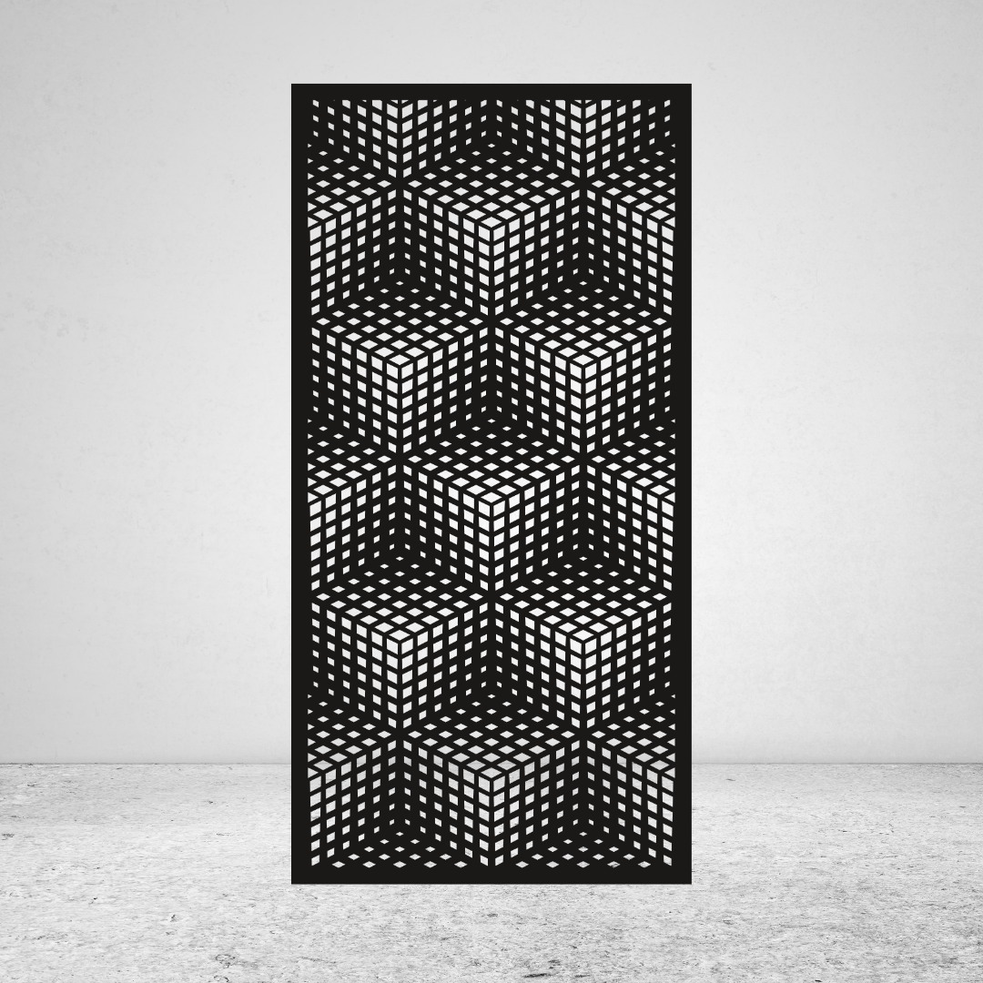 Cube Illusion 3D geometric metal privacy screen with repeating cube pattern and optical illusion design