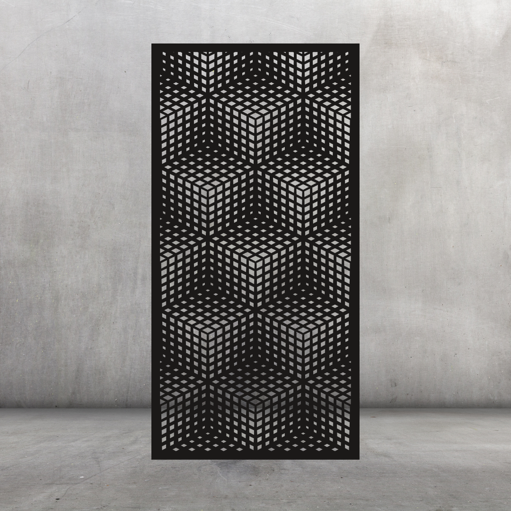 Cube Illusion modern metal privacy screen displayed against a dark grey wall with bold geometric cube cut-out pattern