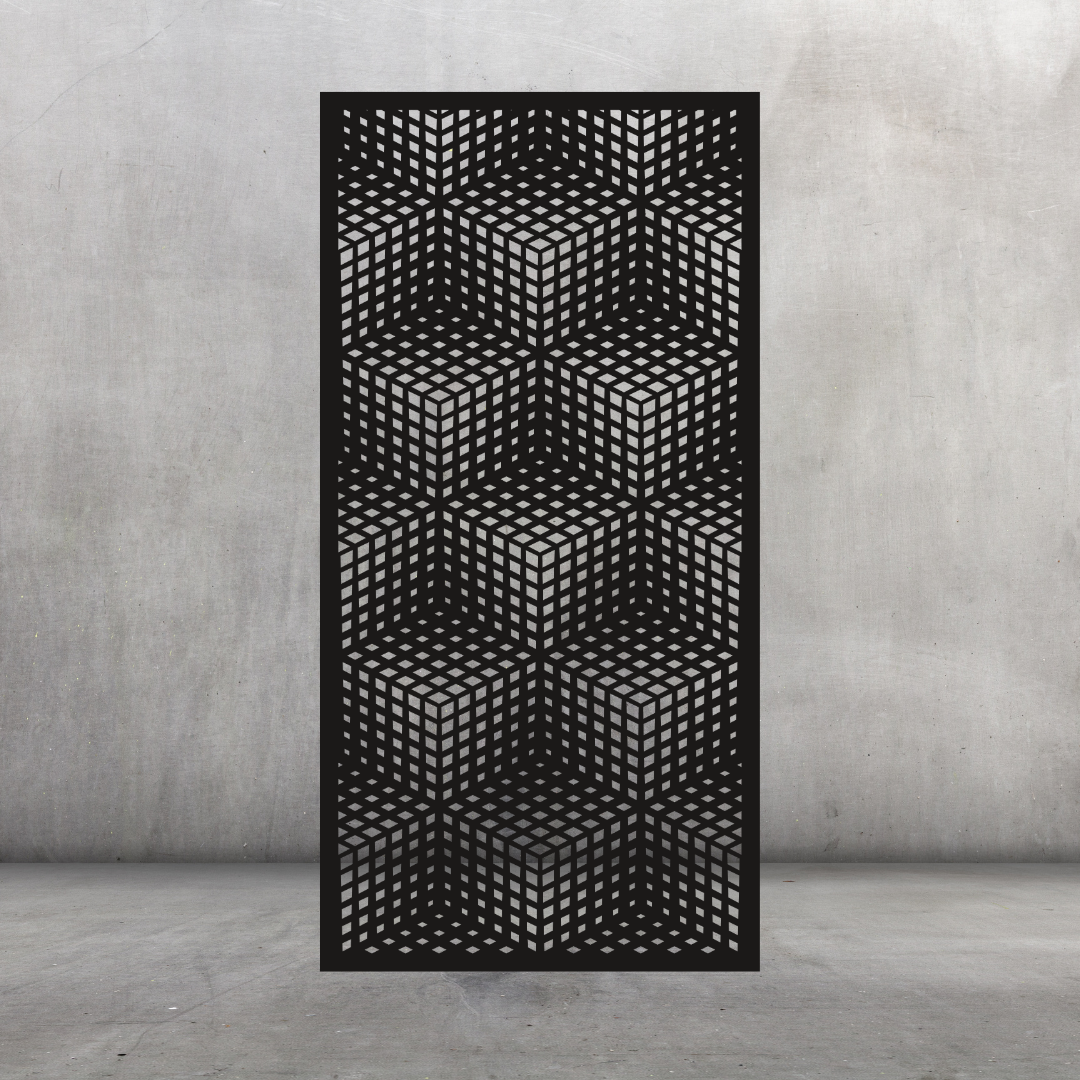 Cube Illusion modern metal privacy screen displayed against a dark grey wall with bold geometric cube cut-out pattern