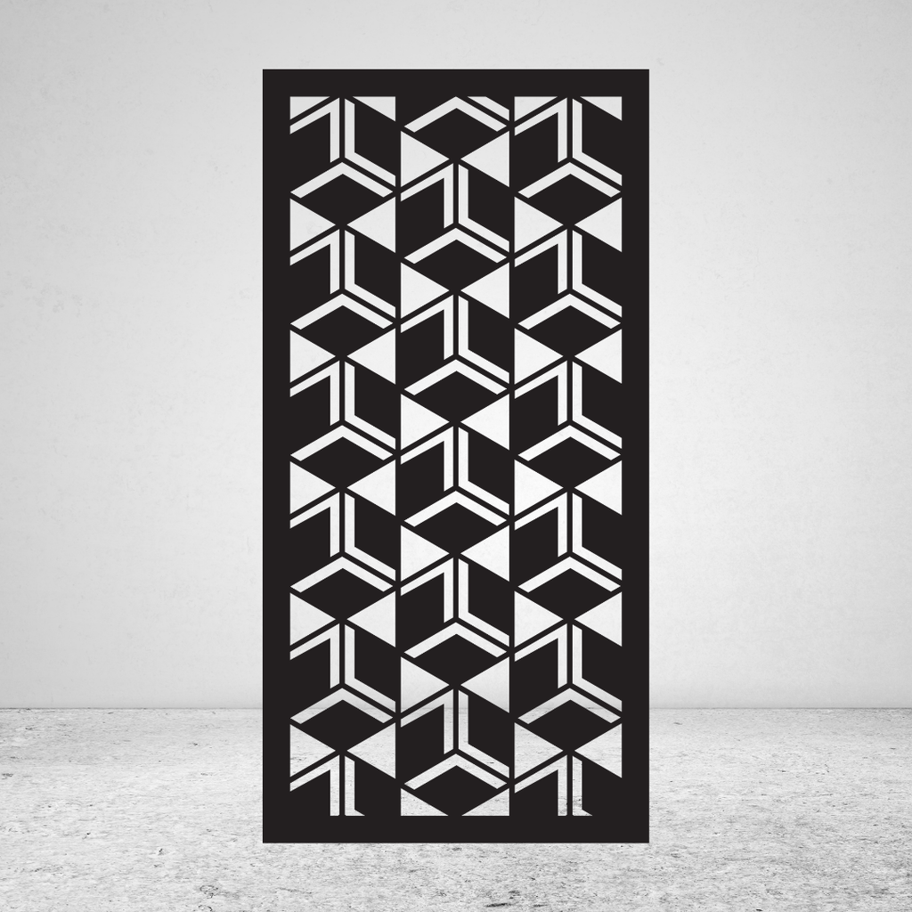 Cube Weave 3D geometric metal privacy screen featuring repeating open cube and box-shaped forms