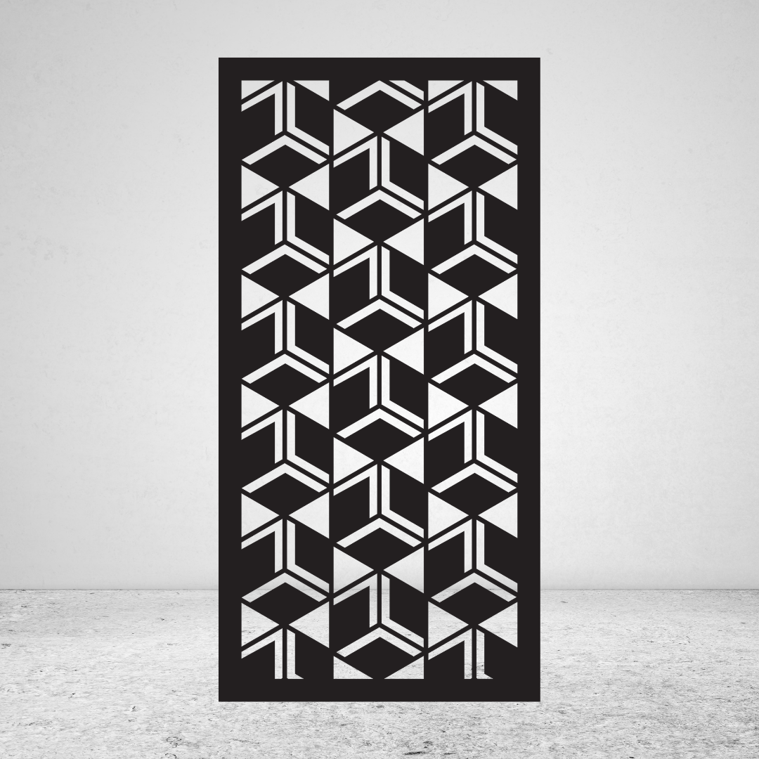 Cube Weave 3D geometric metal privacy screen featuring repeating open cube and box-shaped forms
