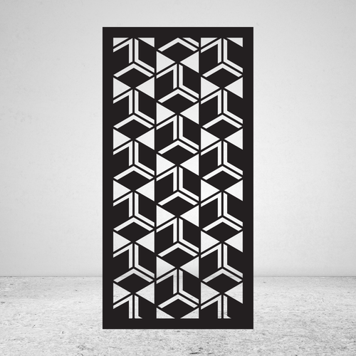 Cube Weave 3D geometric metal privacy screen featuring repeating open cube and box-shaped forms