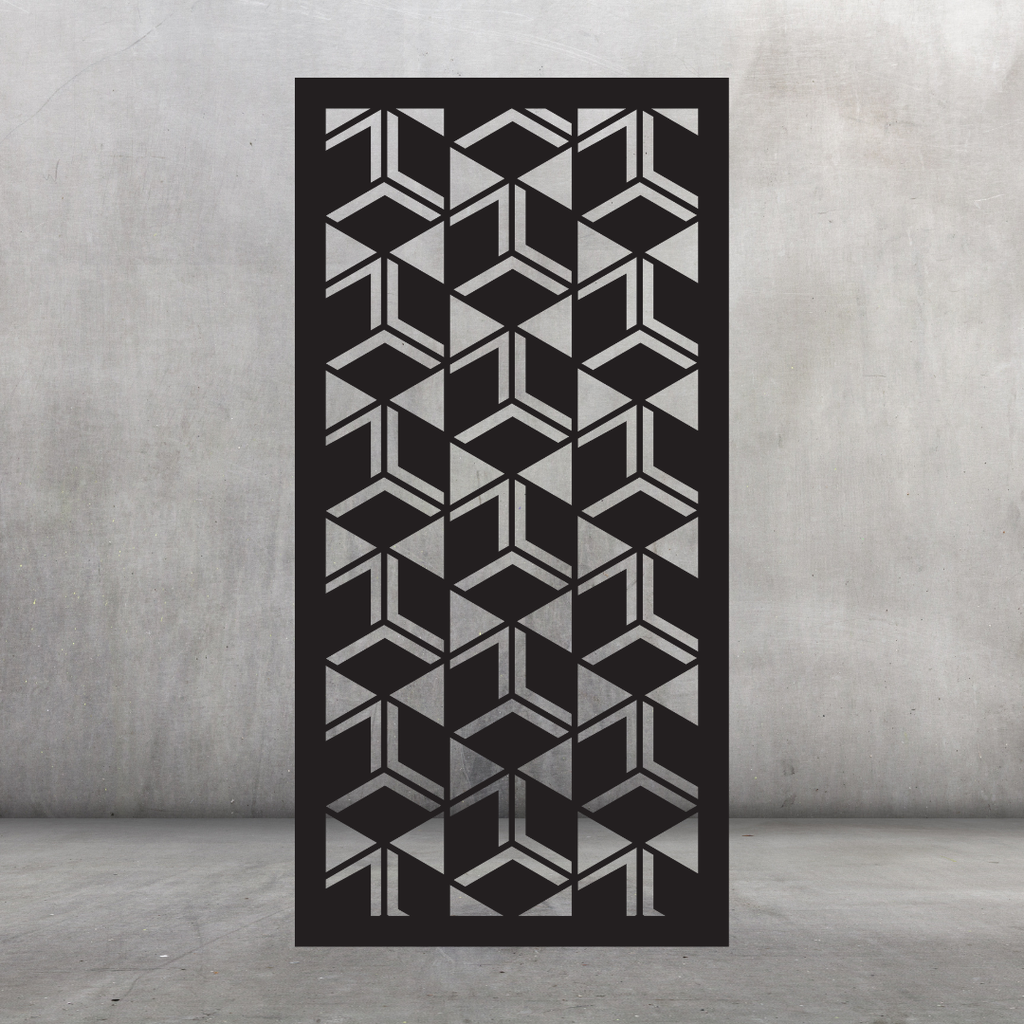 Cube Weave contemporary metal privacy screen displayed against a dark grey wall with repeating staggered cube shapes