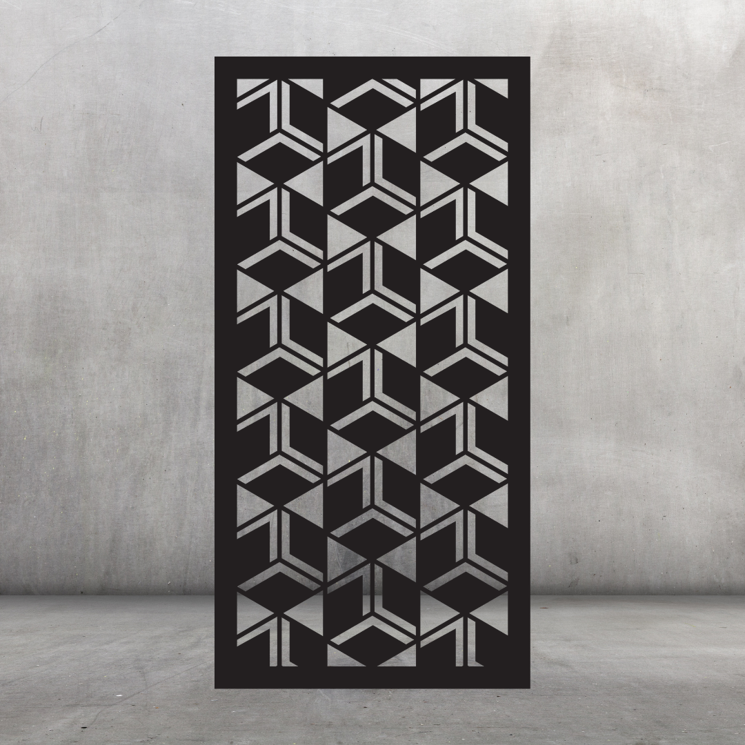 Cube Weave contemporary metal privacy screen displayed against a dark grey wall with repeating staggered cube shapes