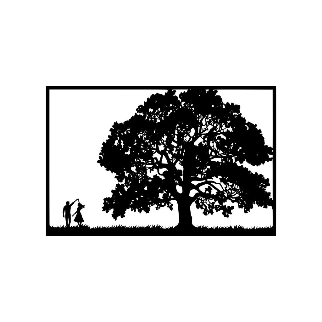 Dancing Beneath the Trees couple metal wall art isolated on a white background showing a dancing couple beneath a large tree