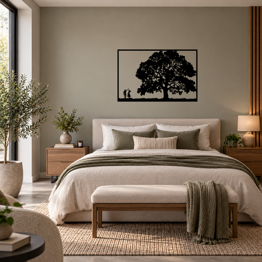 Dancing Beneath the Trees couple metal wall art displayed in a modern bedroom with contemporary interior décor