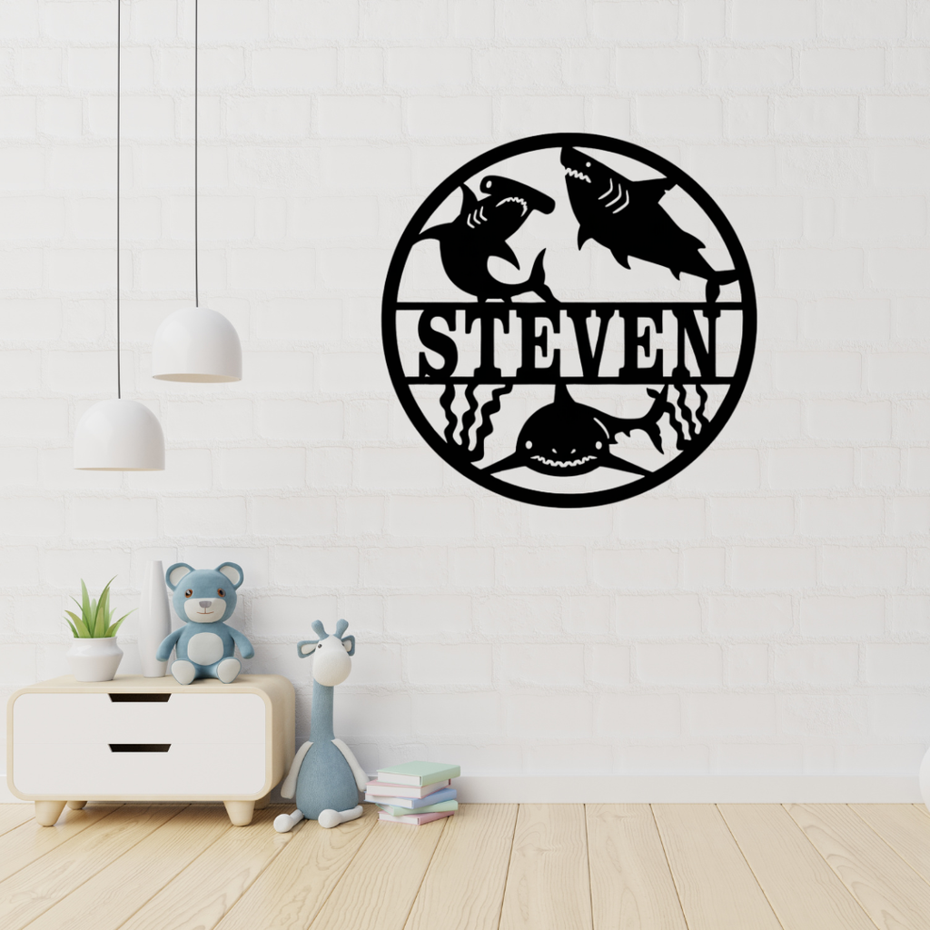Shark metal wall art displayed in an ocean-themed boys bedroom