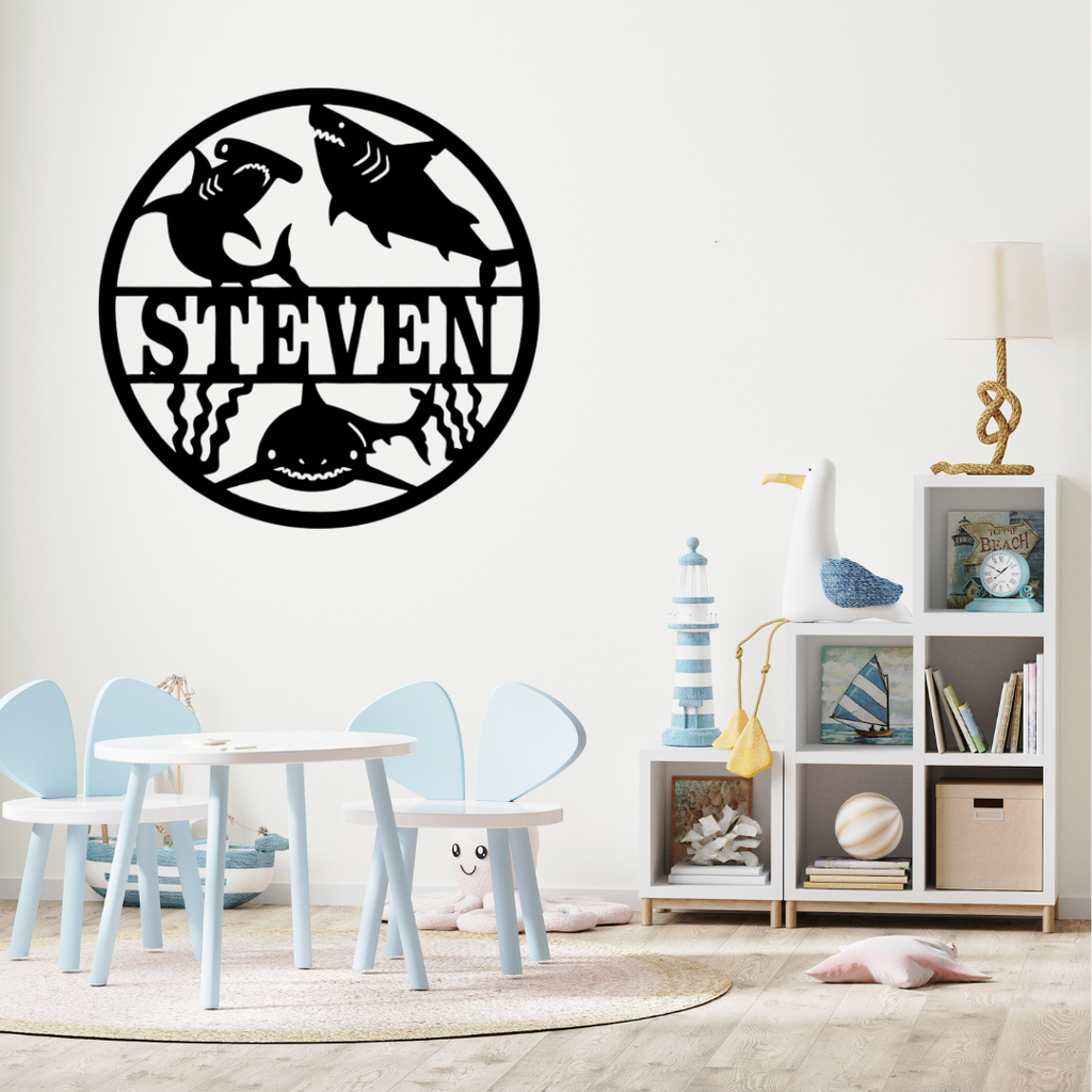 Underwater shark décor styled in a marine-inspired nursery room