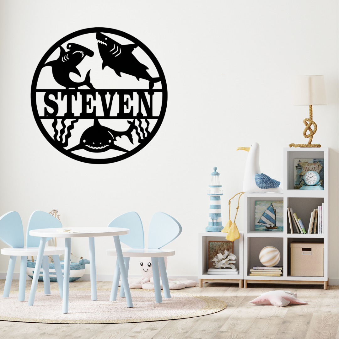 Underwater shark décor styled in a marine-inspired nursery room