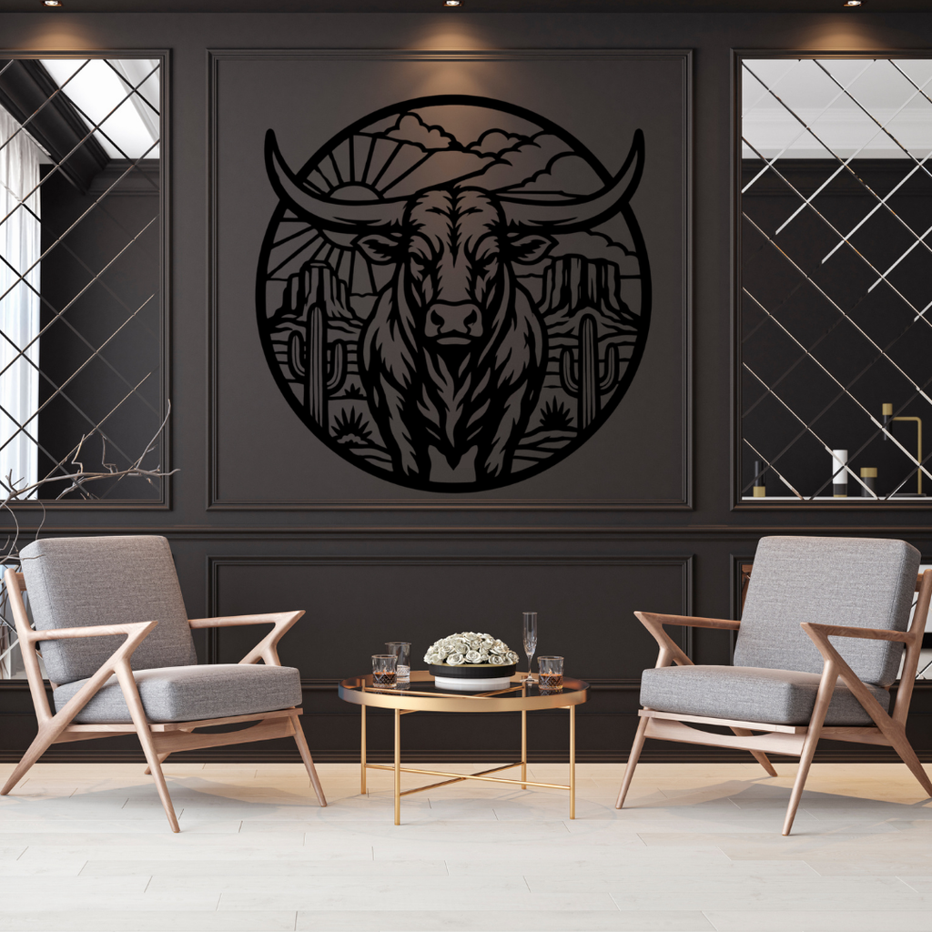 Desert Longhorn | Longhorn Bull Circular Metal Wall Art displayed on a sophisticated feature wall, showcasing a majestic longhorn bull against a desert landscape with cacti, mesas, and a rising sun in black metal.