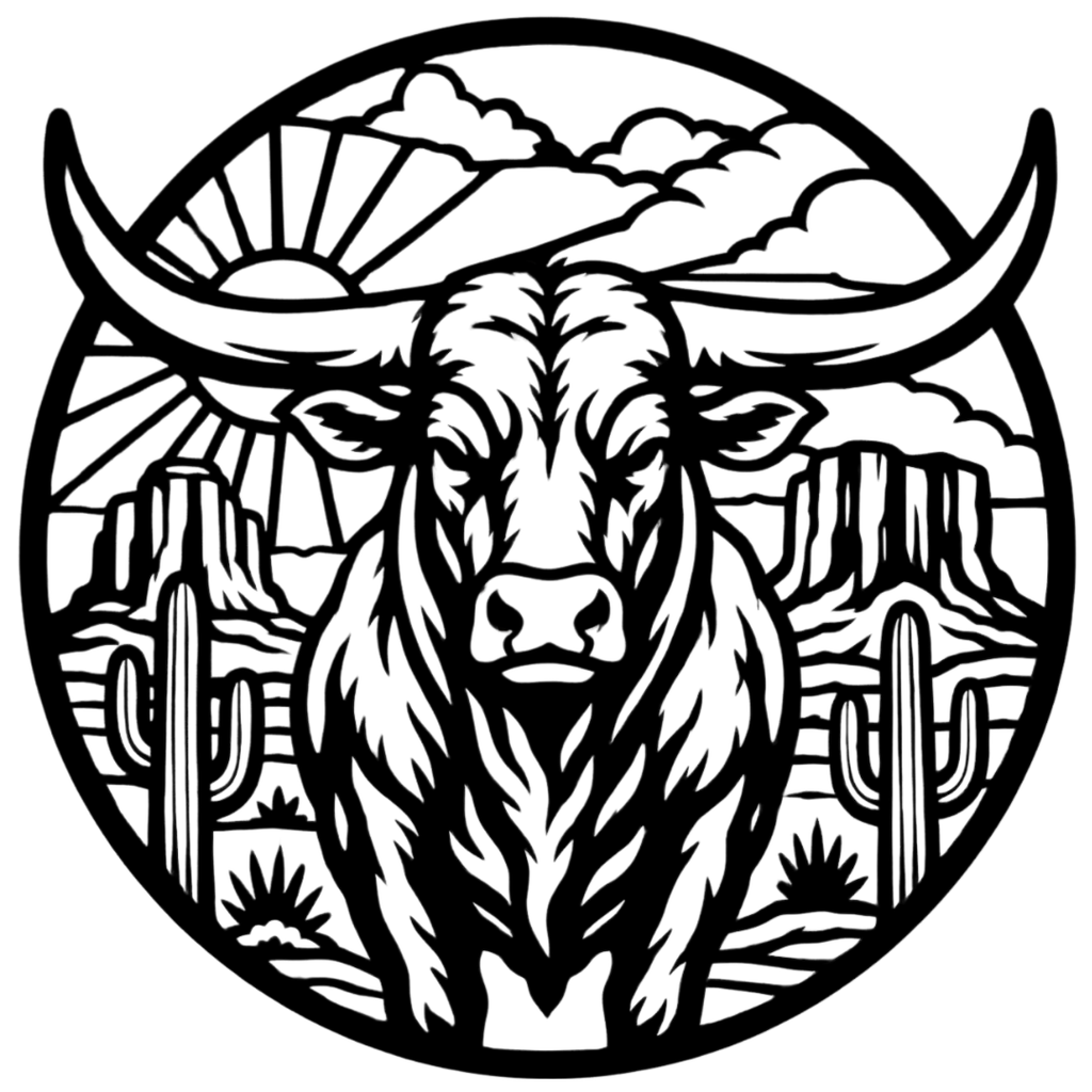 Desert Longhorn | Longhorn Bull Circular Metal Wall Art featuring a detailed longhorn bull set within a desert scene with towering cacti, rocky mesas, clouds, and a radiant sunrise in a circular metal design.