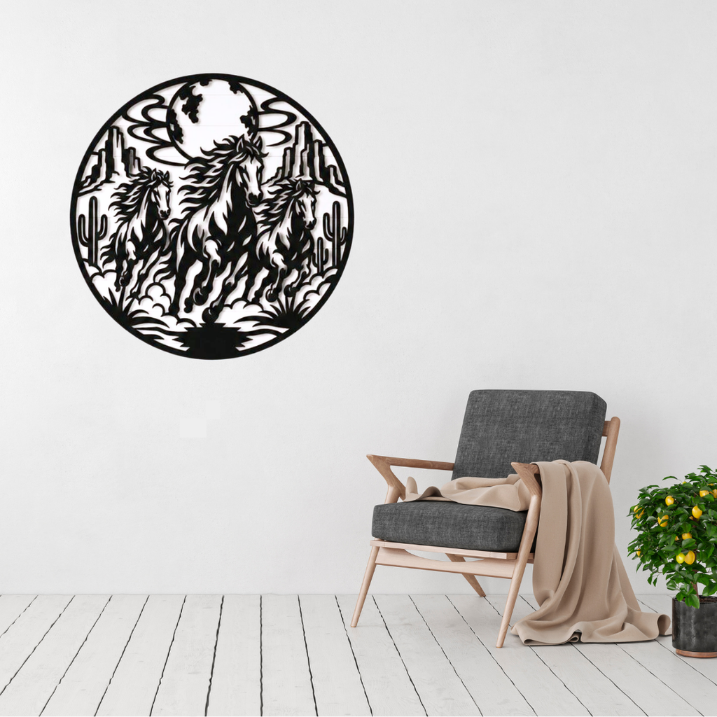 Desert Thunder | Wild Horses Metal Wall Art featuring three galloping wild horses racing through a desert landscape beneath a full moon, framed by towering mesas and cacti in a circular black metal wall art design.