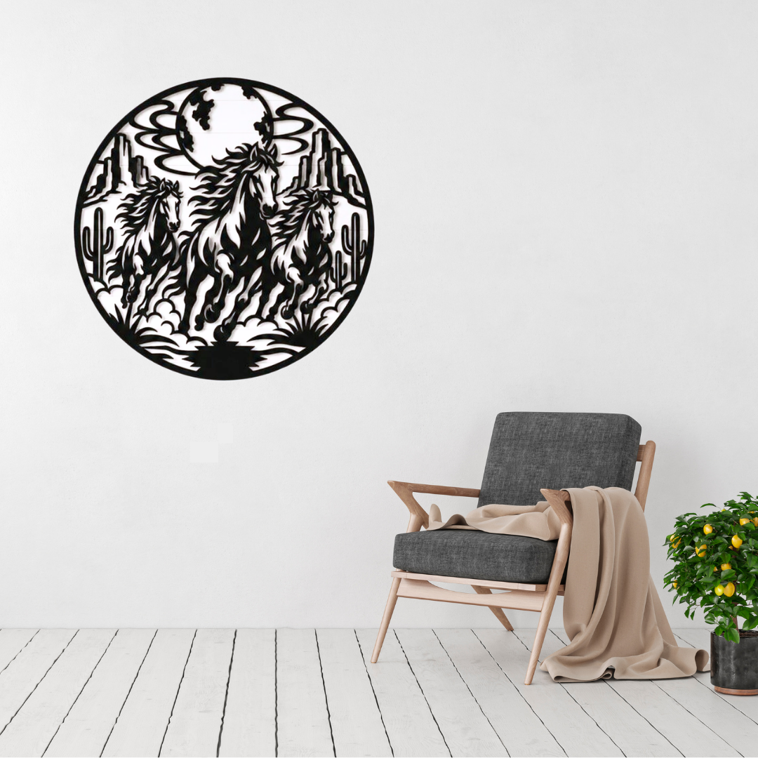 Desert Thunder | Wild Horses Metal Wall Art featuring three galloping wild horses racing through a desert landscape beneath a full moon, framed by towering mesas and cacti in a circular black metal wall art design.