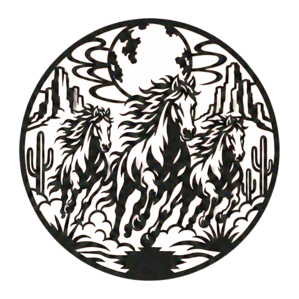 Desert Thunder | Wild Horses Metal Wall Art showcasing three majestic wild horses running across the desert under a full moon with desert cacti and canyon rock formations in an intricate circular black metal wall décor design.