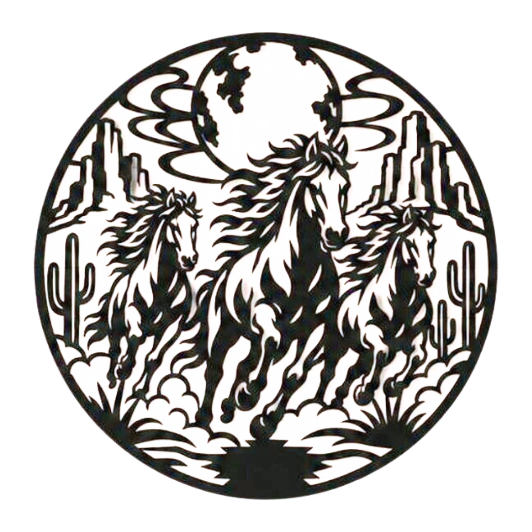 Desert Thunder | Wild Horses Metal Wall Art showcasing three majestic wild horses running across the desert under a full moon with desert cacti and canyon rock formations in an intricate circular black metal wall décor design.
