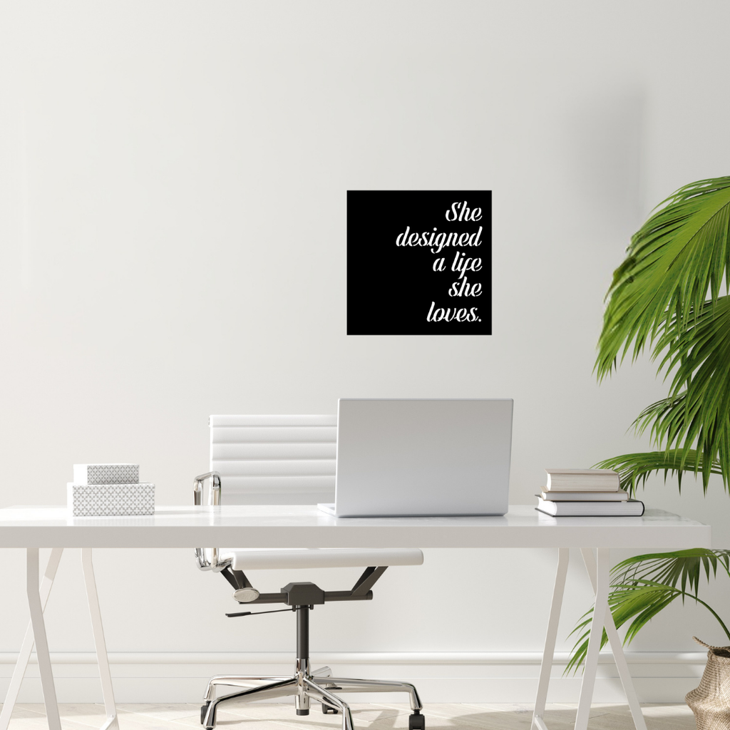 Designed for Success | She Designed a Life She Loves Metal Wall Art showcased above a modern office desk.