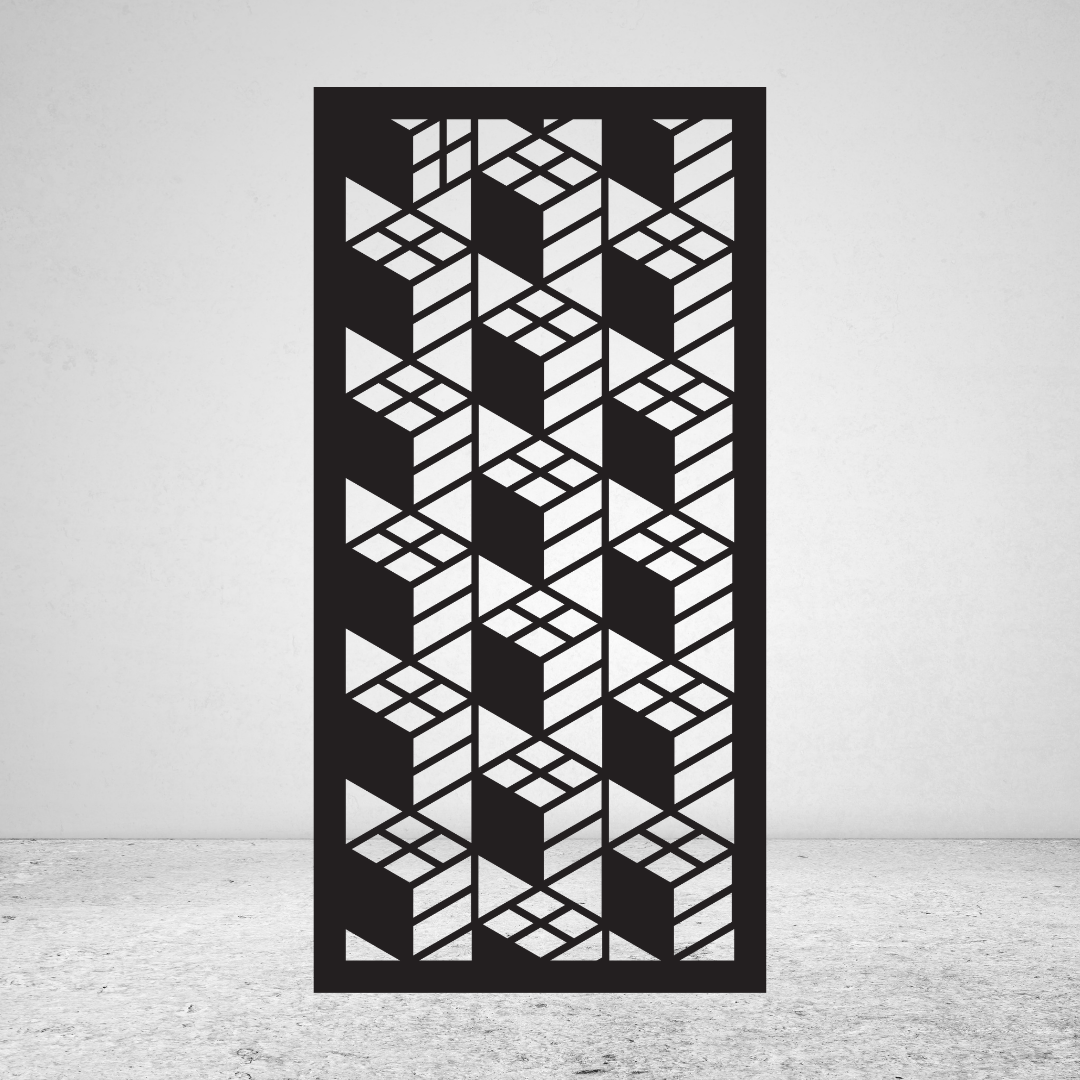 Dimension 3D geometric metal privacy screen with repeating cube-inspired interlocking pattern