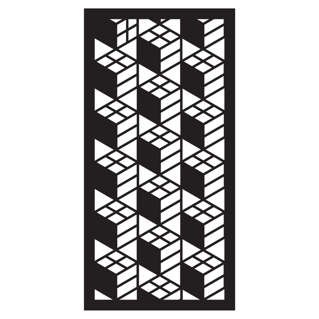 Dimension decorative metal privacy panel isolated on a white background showing its three-dimensional geometric design