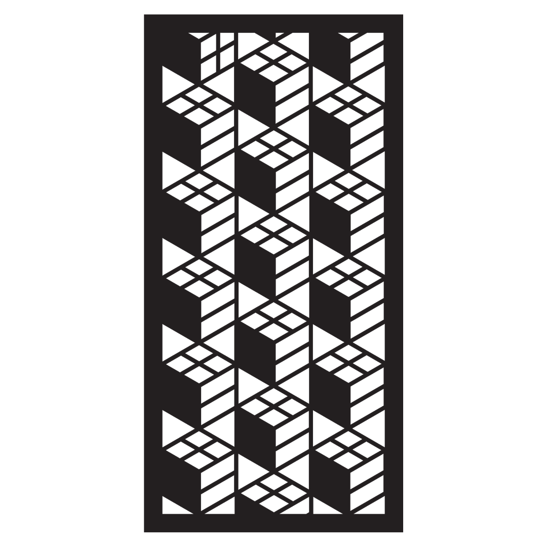Dimension decorative metal privacy panel isolated on a white background showing its three-dimensional geometric design