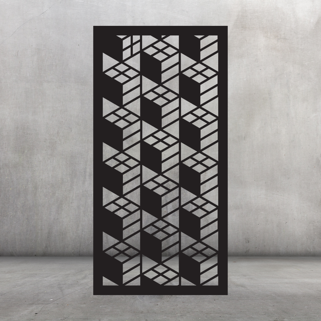 Dimension contemporary metal privacy screen displayed against a dark grey wall with repeating 3D geometric cube pattern