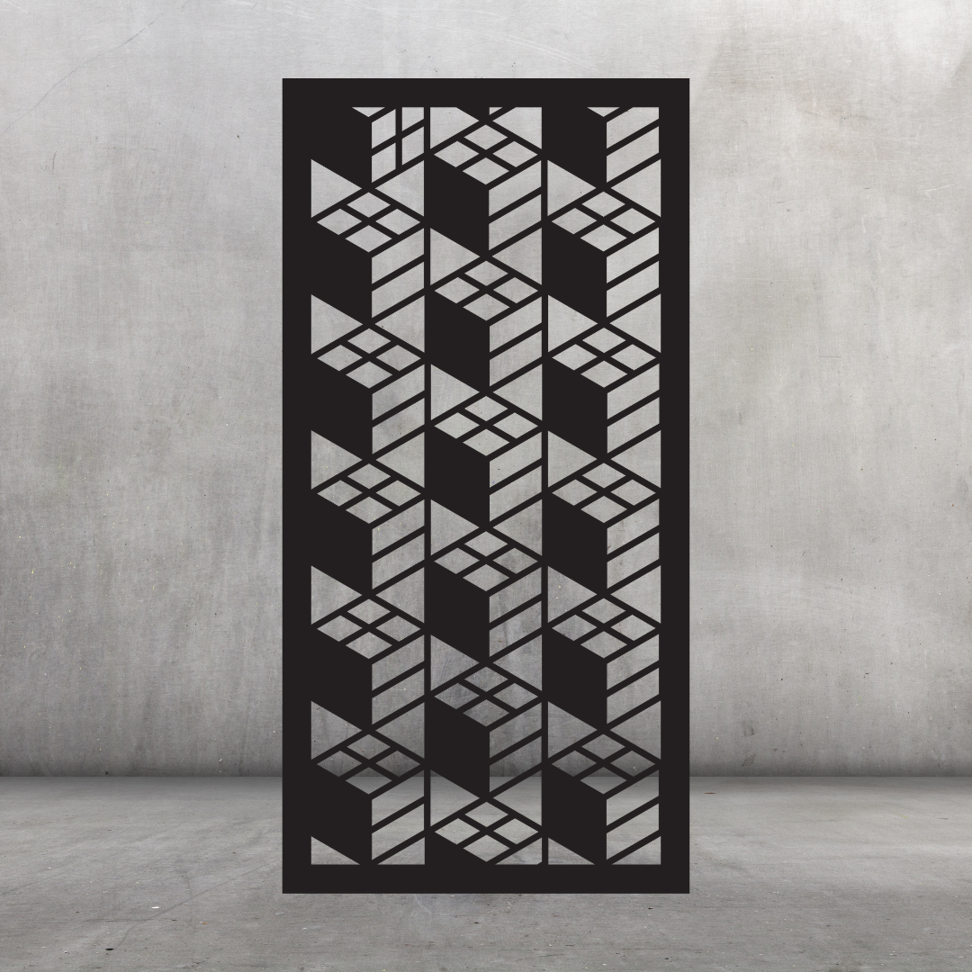 Dimension contemporary metal privacy screen displayed against a dark grey wall with repeating 3D geometric cube pattern