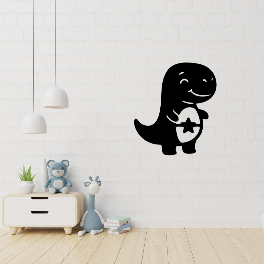 Dino Buddy | Baby Dinosaur Metal Wall Art displayed in a bright modern nursery.