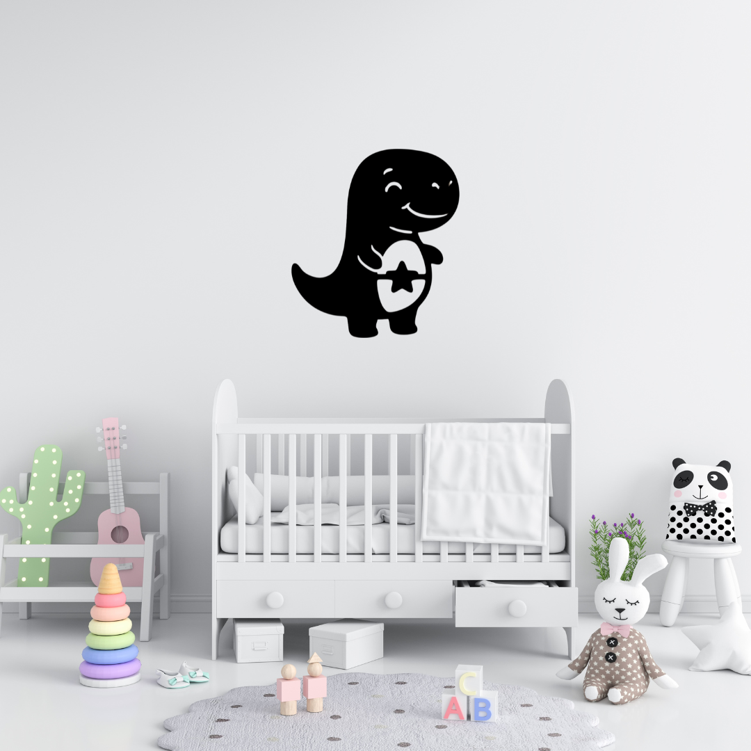 Dino Buddy | Baby Dinosaur Metal Wall Art showcased above a baby cot in a contemporary nursery.