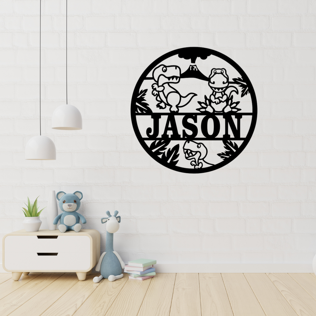 Dinosaur metal wall art displayed in a playful kids bedroom