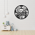 Dinosaur metal wall art displayed in a playful kids bedroom