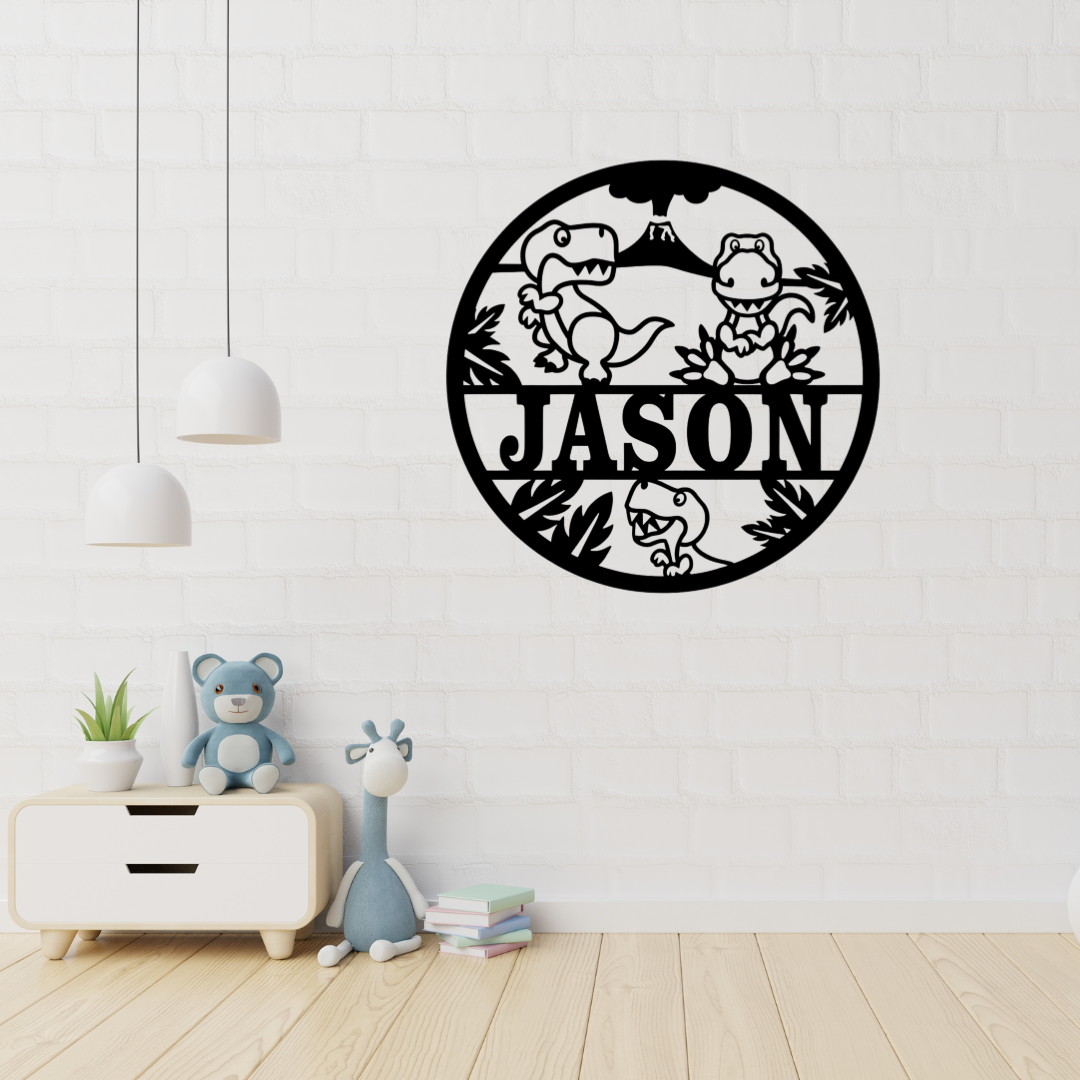 Dinosaur metal wall art displayed in a playful kids bedroom